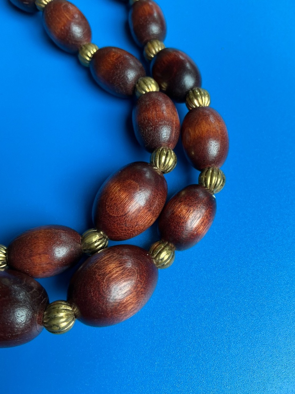 Vintage 1960s Double Strand Wood Bead Necklace Adjustable Statement Choker - Picture 12 of 15